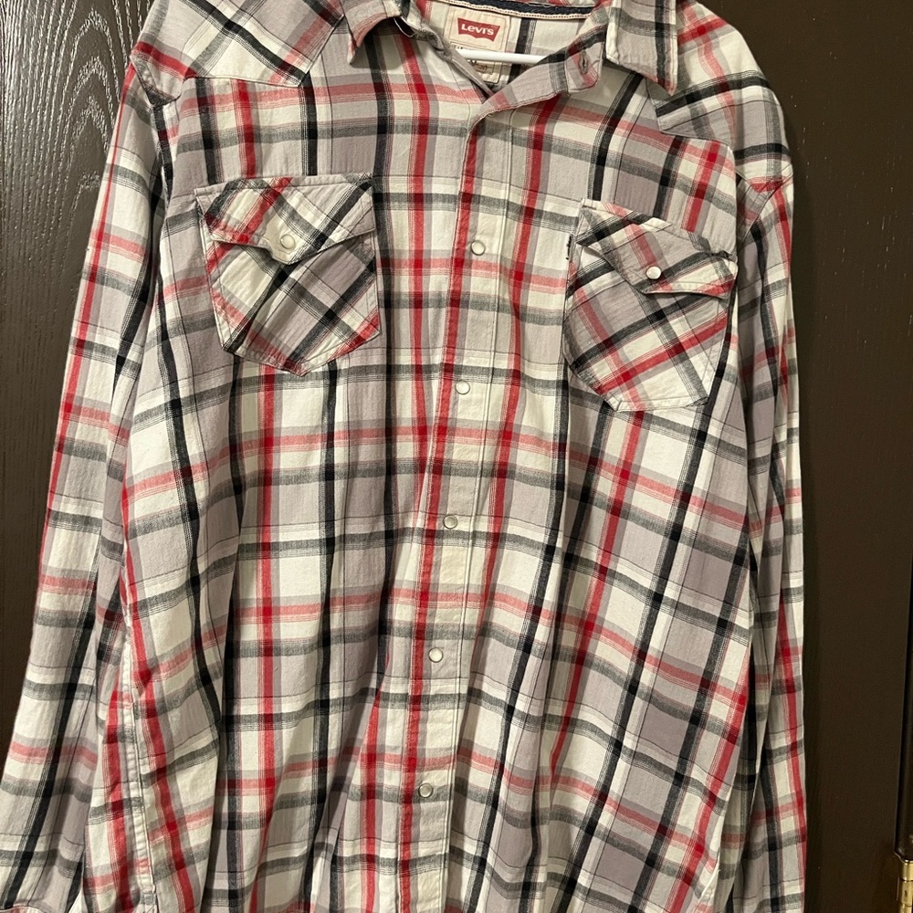 Levi's Men's Plaid Pearl Snap- Red, Black, and White